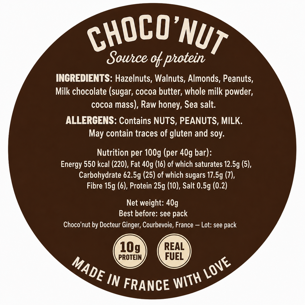 Choco'nut barre protéinée — ingrédients et valeurs nutritionnelles | Docteur Ginger